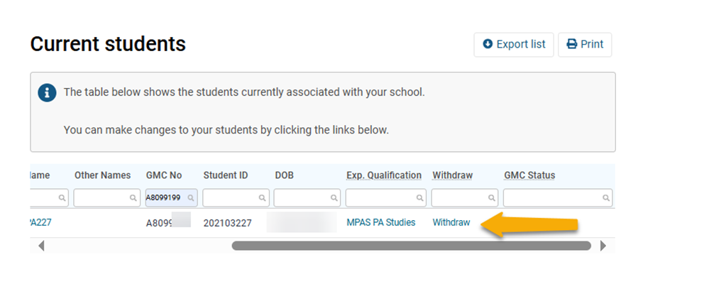 Screenshot from GMC connect showing the 'current students' section