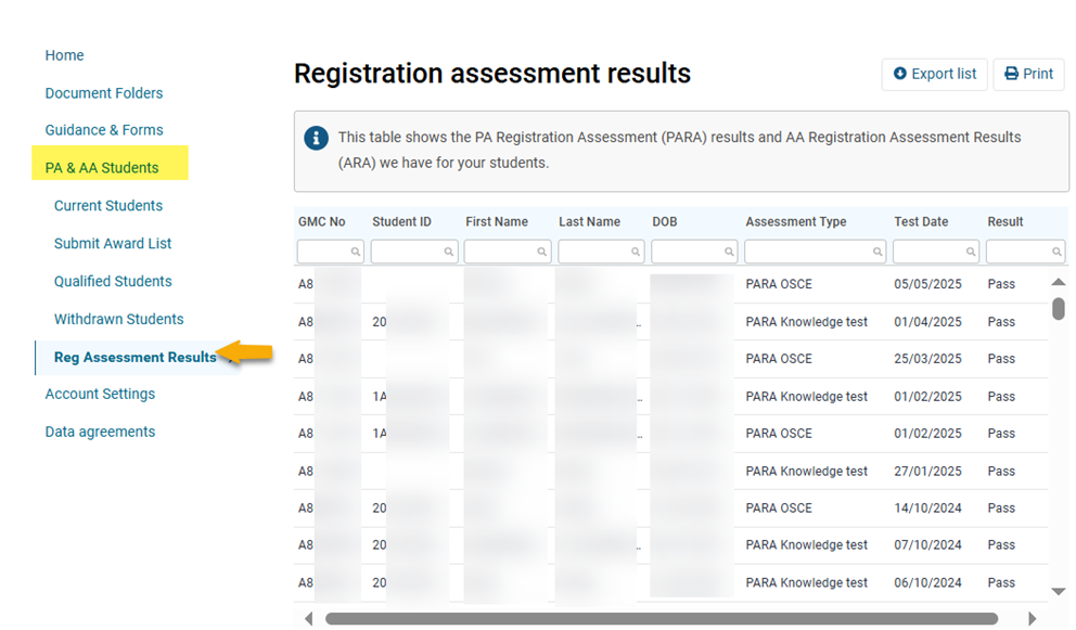 Screenshot from GMC connect showing the 'registration assessment results' screen