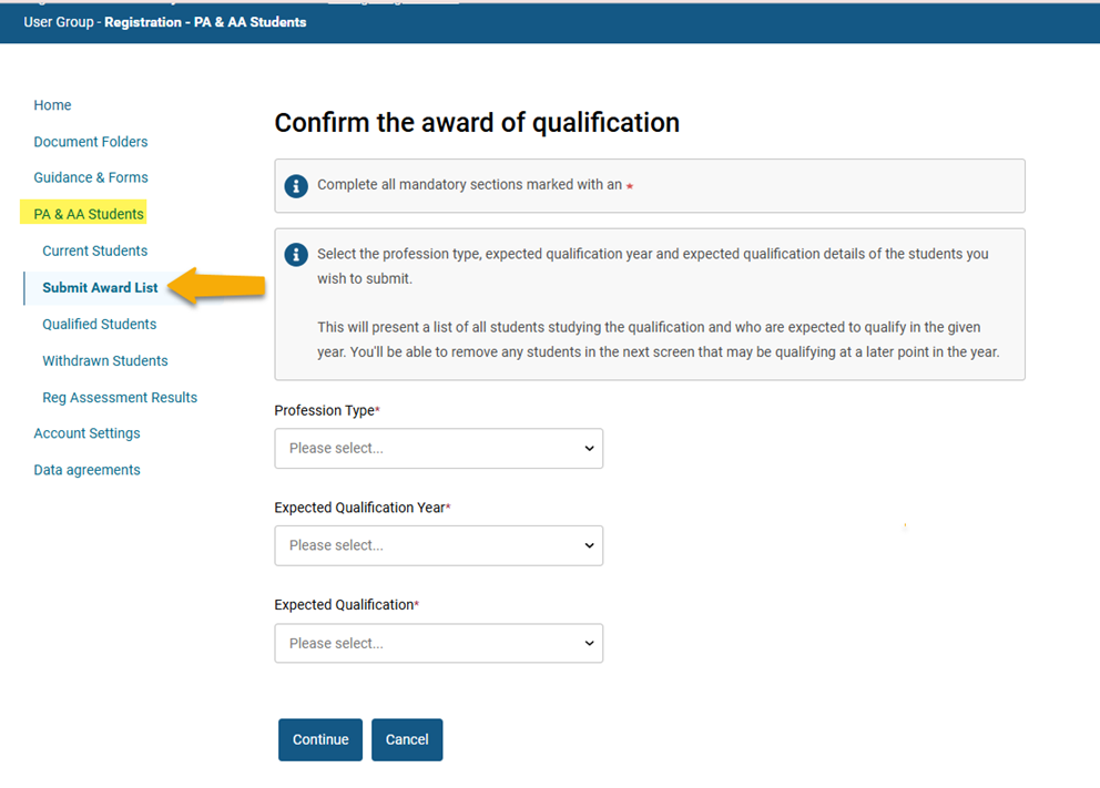 Screenshot from GMC connect showing the 'confirm the award of qualification' screen