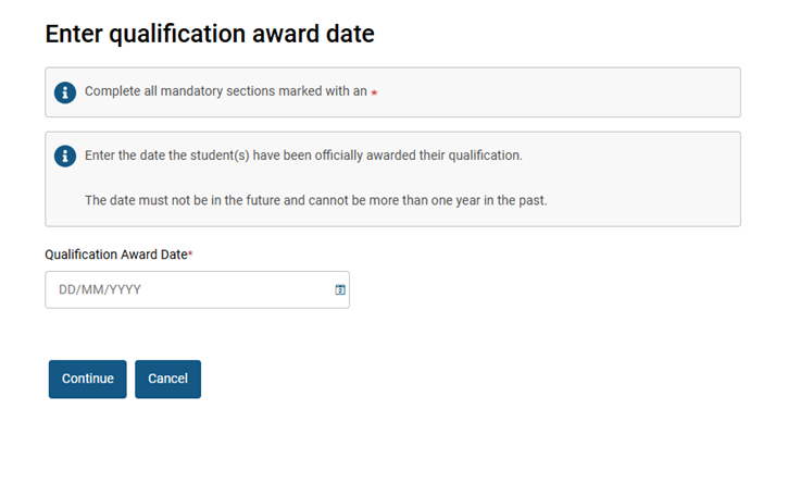 Screenshot from GMC connect showing the 'enter qualification award date' screen