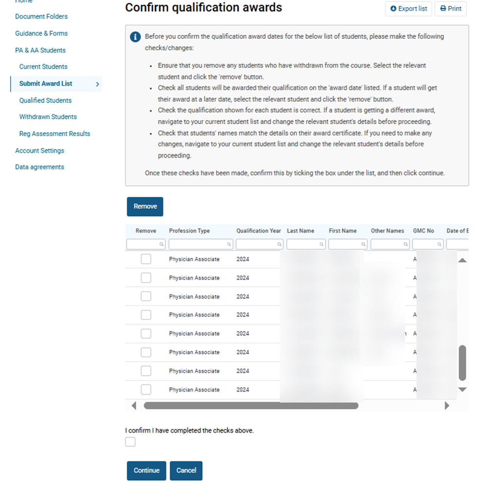 Screenshot from GMC connect showing the 'confirm qualification awards' screen