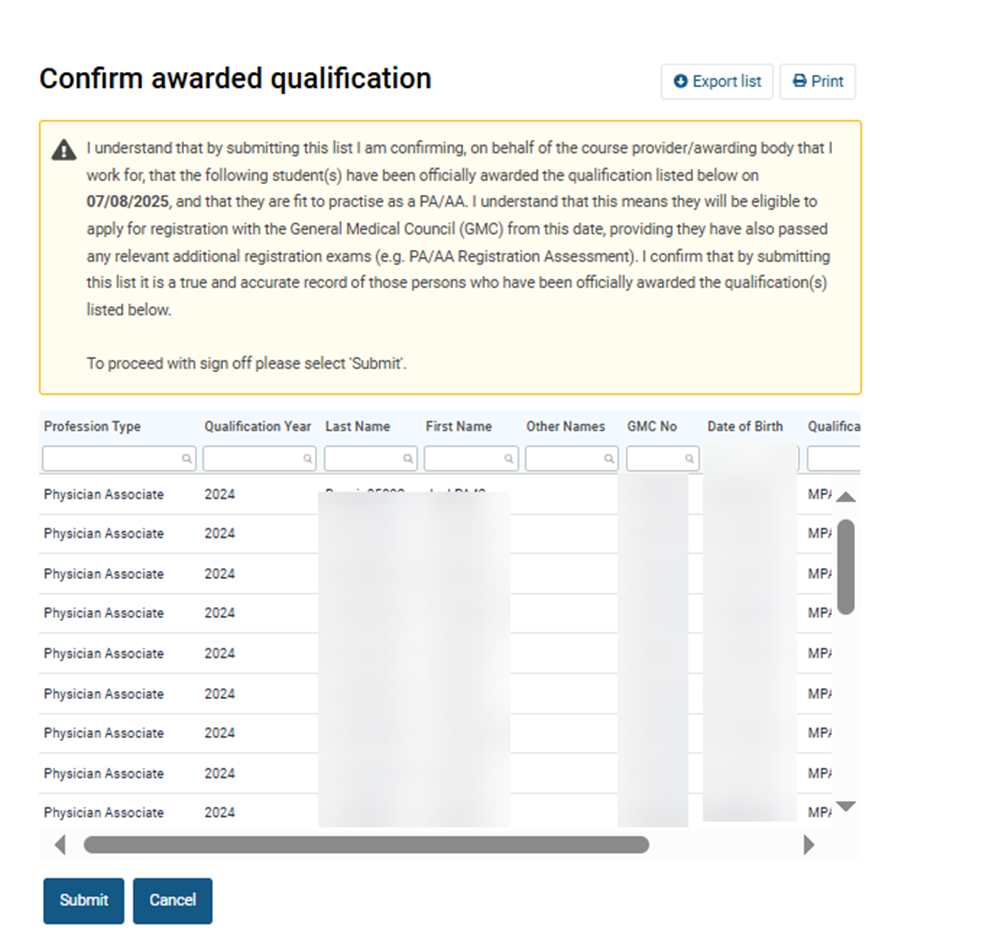 Screenshot from GMC connect showing the 'confirm qualification awards' screen