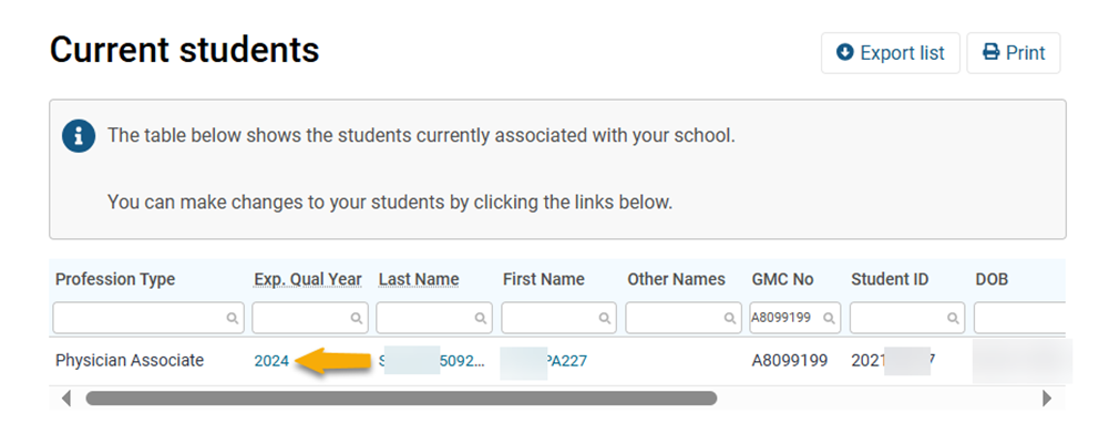 Screenshot from GMC connect showing the 'current students' section