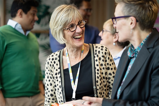 Professor Dame Carrie MacEwen, Chair of the GMC in conversation at an SMT meeting